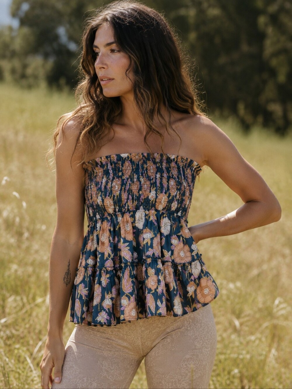 Perry Walker CollectiveGreen Smocked Floral Indian Cotton Tube Top NEW NWT